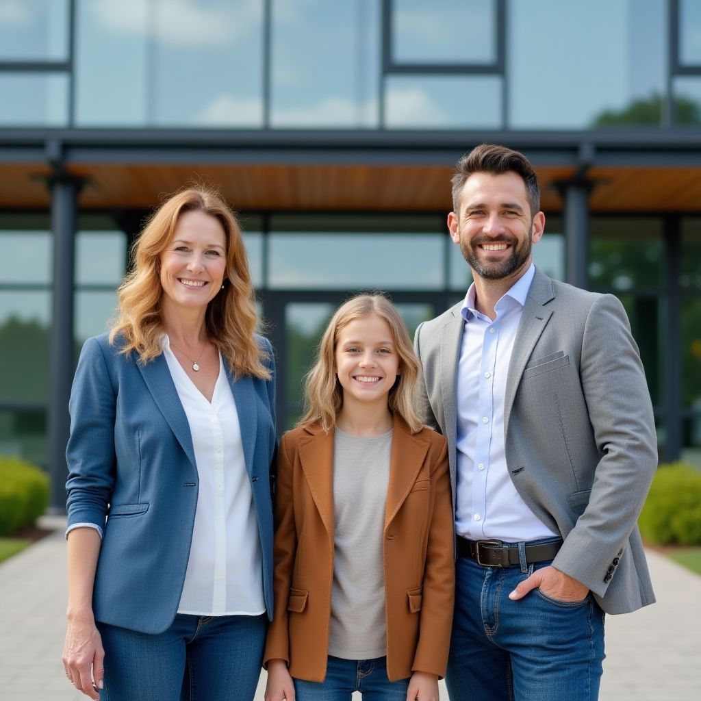 Familia empresaria sonriendo.