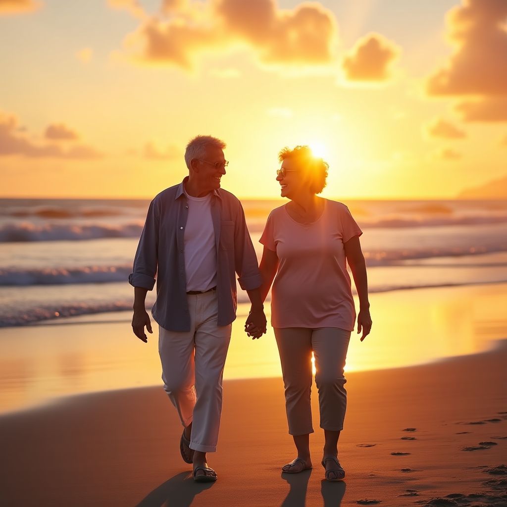 Pareja de jubilados disfrutando en la playa.