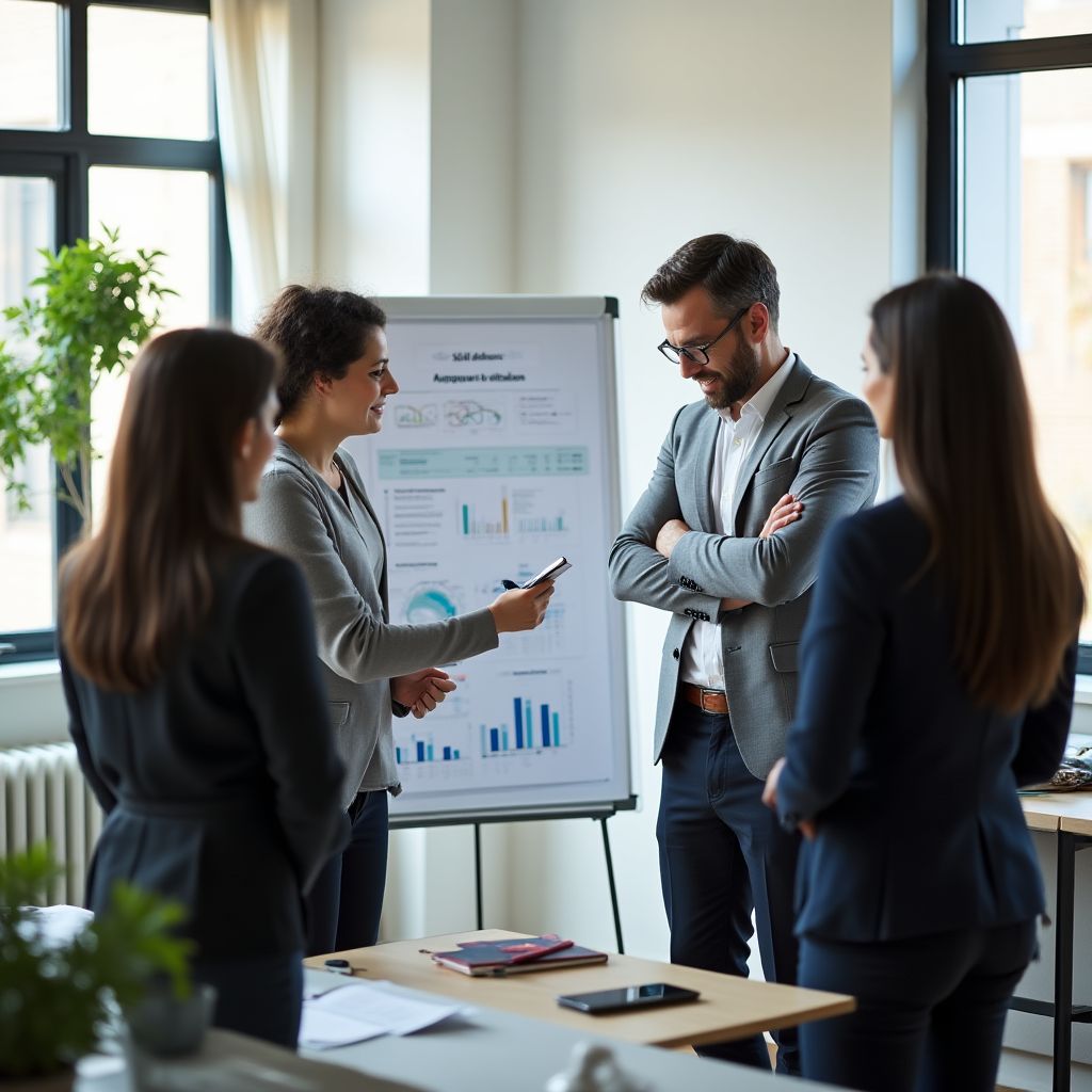Equipo de consultores financieros discutiendo estrategias en una oficina moderna.